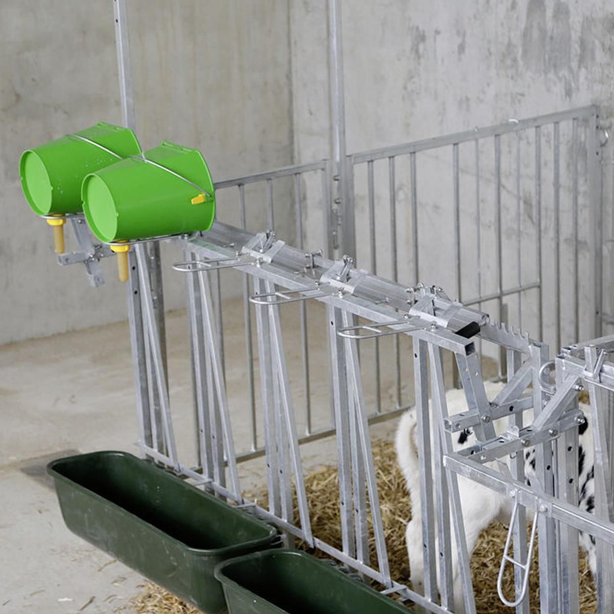 Cornadis Modulaire pour veaux, Enclos d'alimentation, en utilisation, à l'écurie
