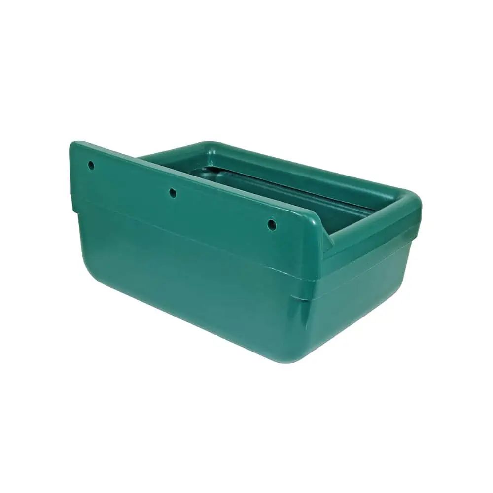 Rectangular horse trough with feed saving edge and drain, side view