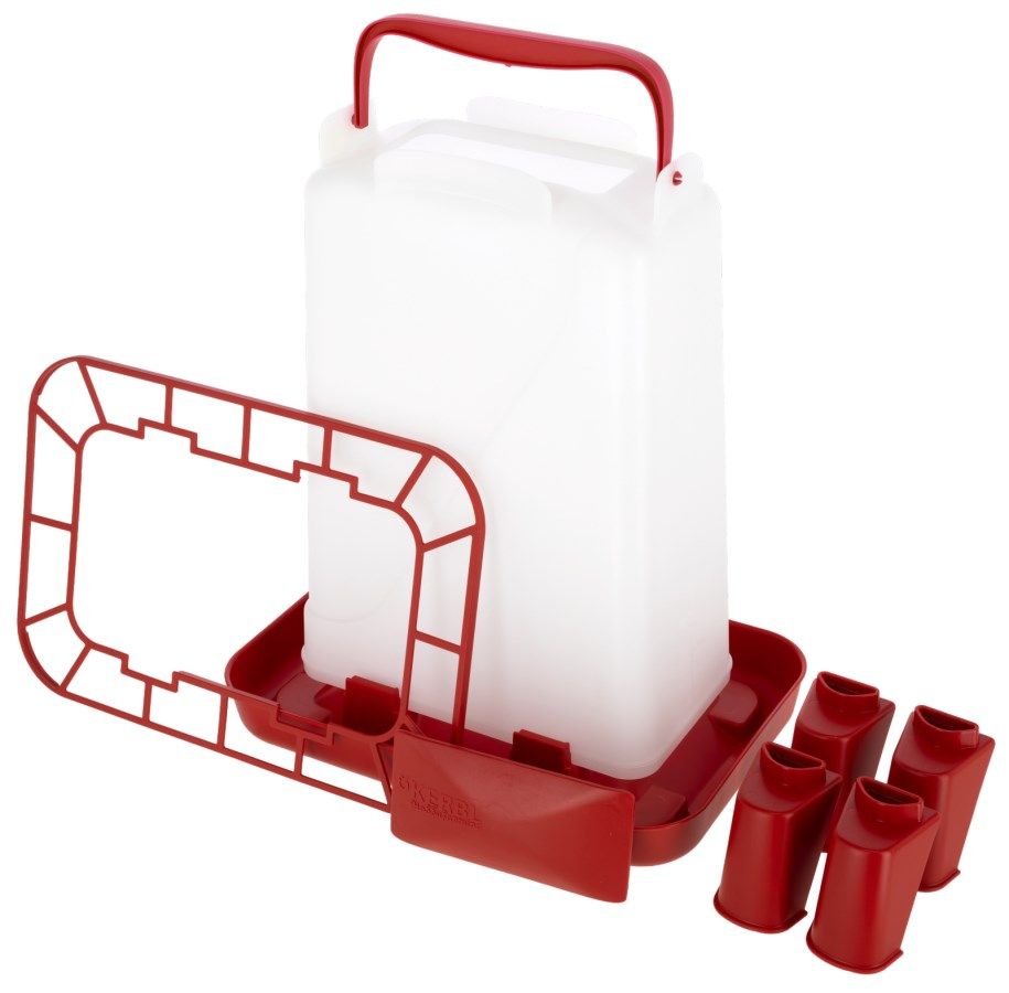 Plastikbehälter, Wasserbehälter, roter Sockel, Spender, Kappen