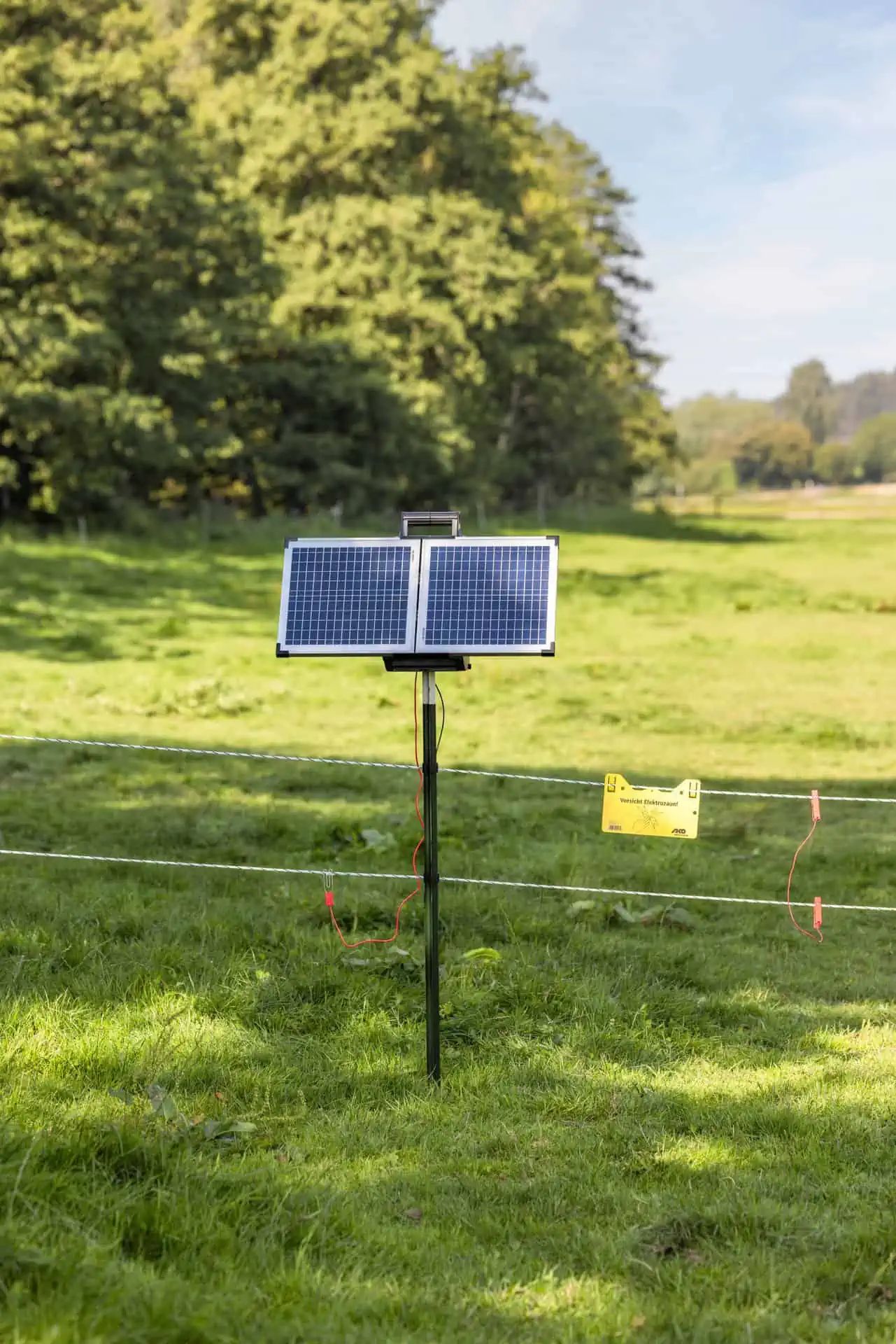 AKO SunPower S2400 Smart 12V Solar Fence Energiser, 3.2 Joule, in use, in the paddock