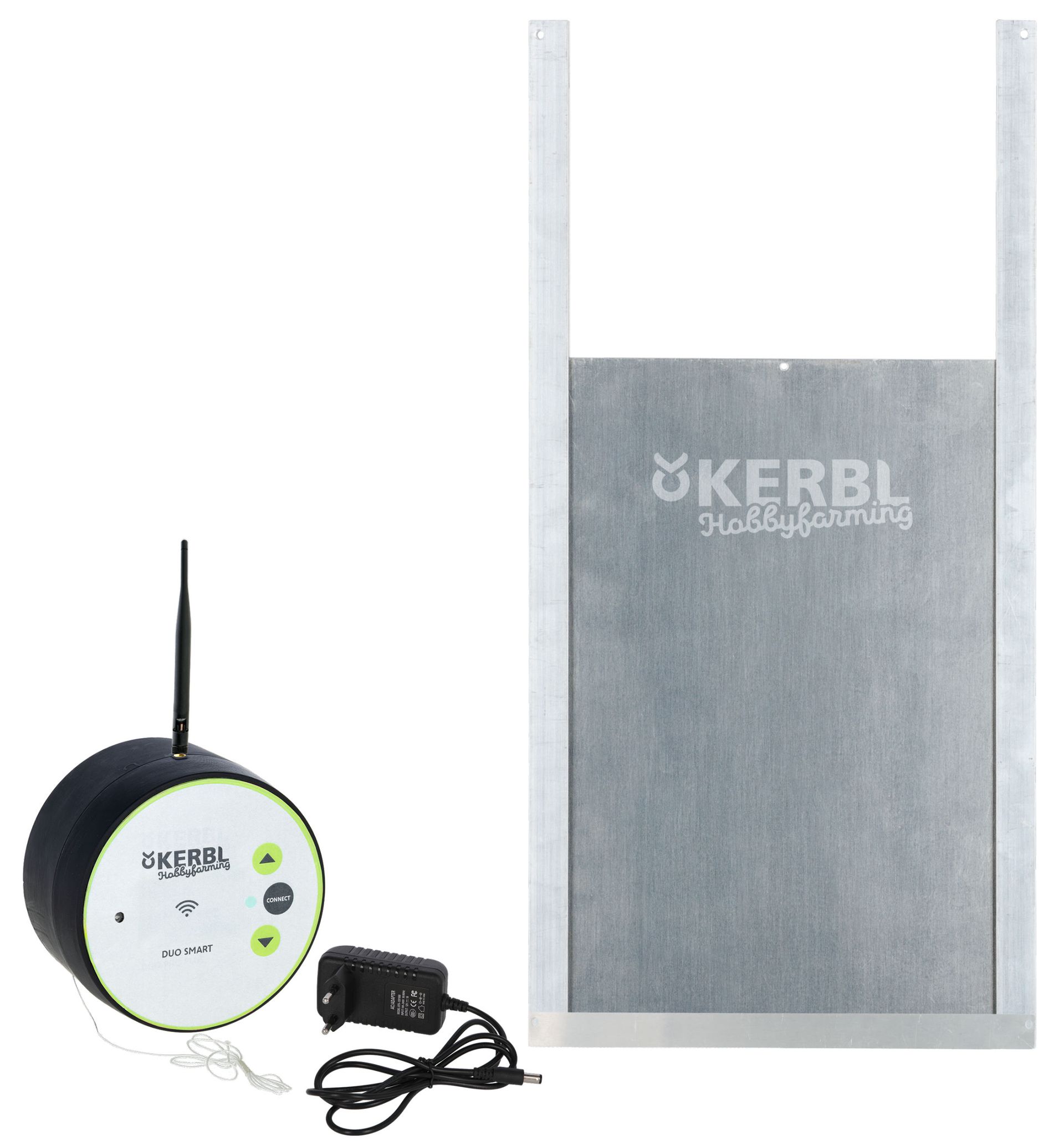 Kerbl automata tyúkólajtó WiFi vezérlés Duo Smart, csúszóajtóval, a csomag tartalma