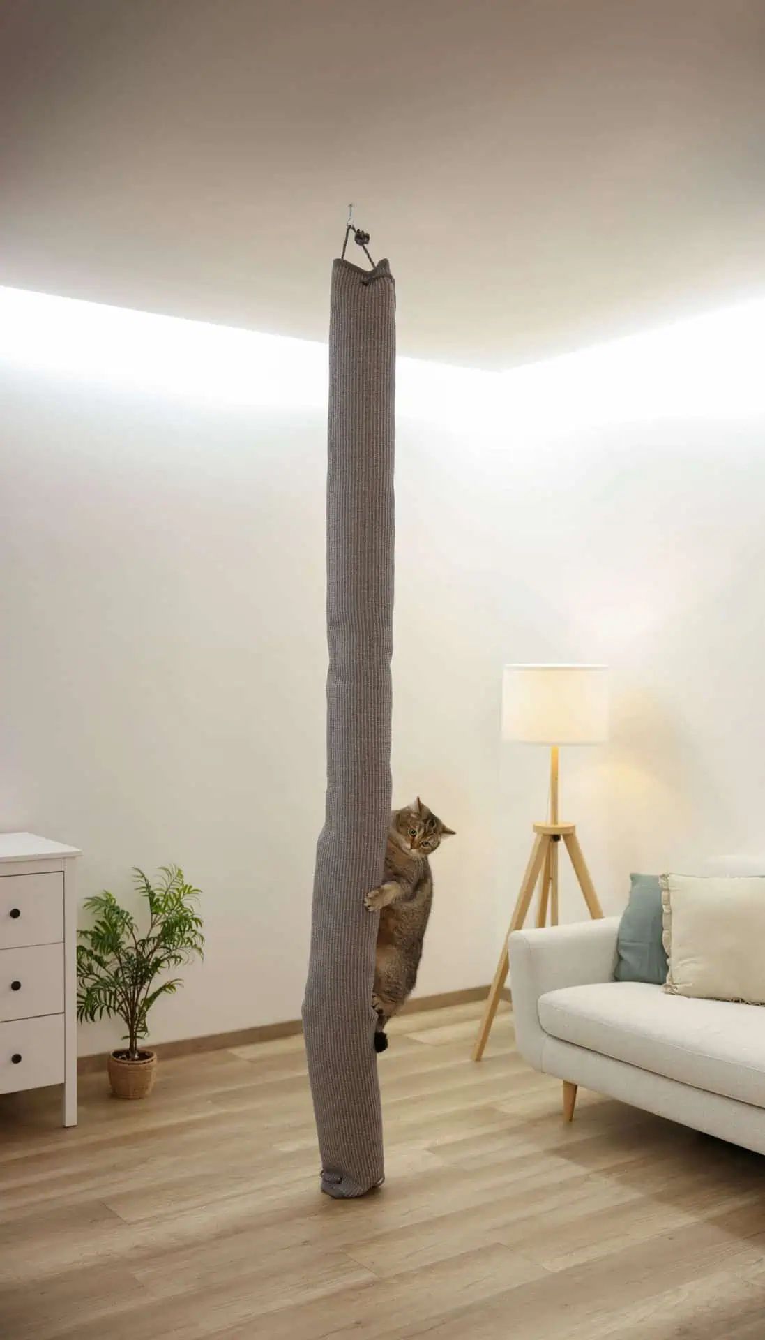 Sac d'escalade Climber Kerbl Pet à fixer au plafond, 240 cm, en utilisation, en intérieur