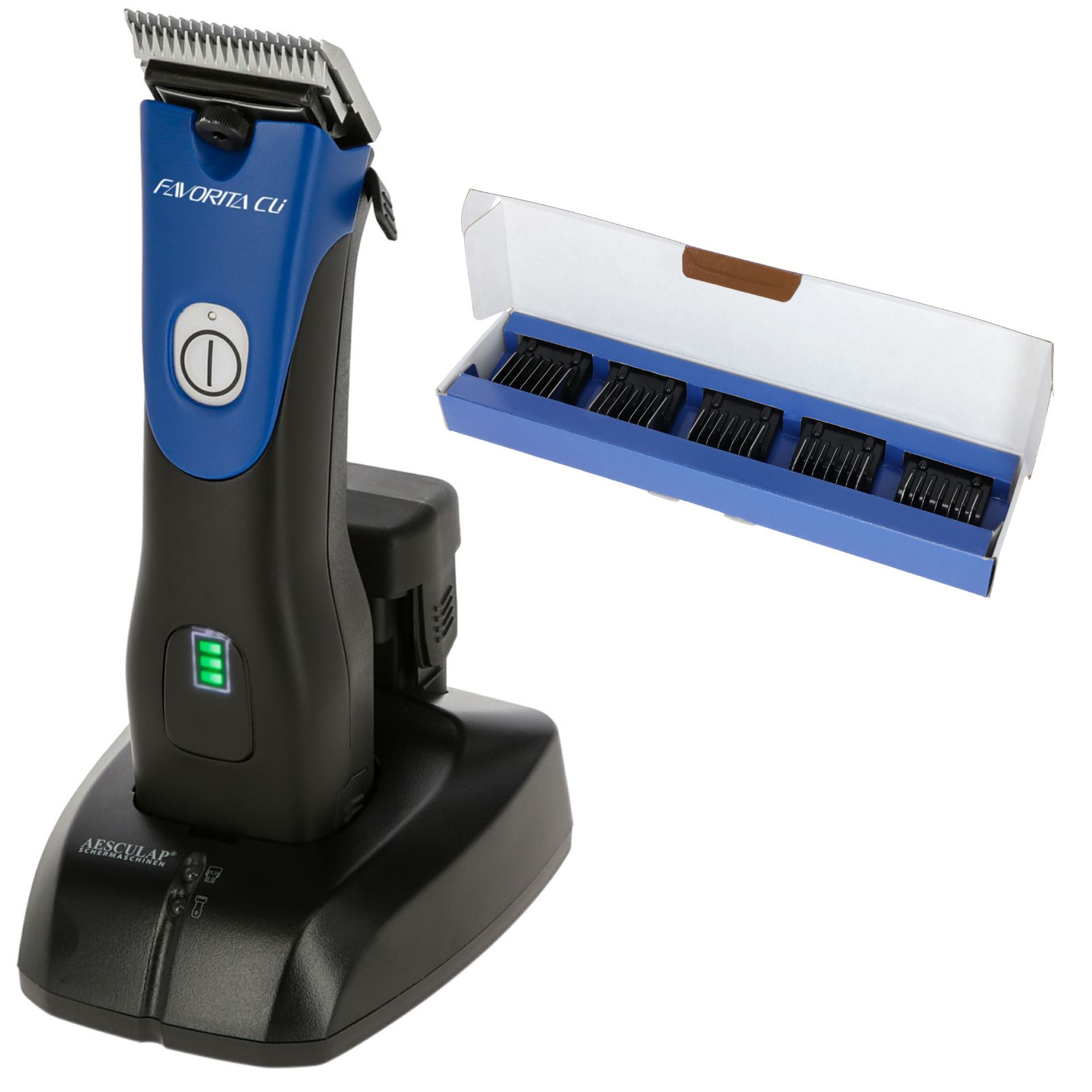 Aesculap Favorita CLi Cordless Clipper Blue with Attachment Comb Set, what's included