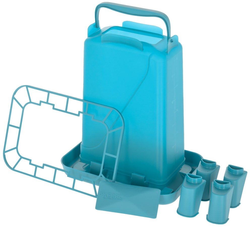 Mangeoire pour volaille Kerbl sur pieds, grille anti-gaspillage, plastique, contenu de la livraison