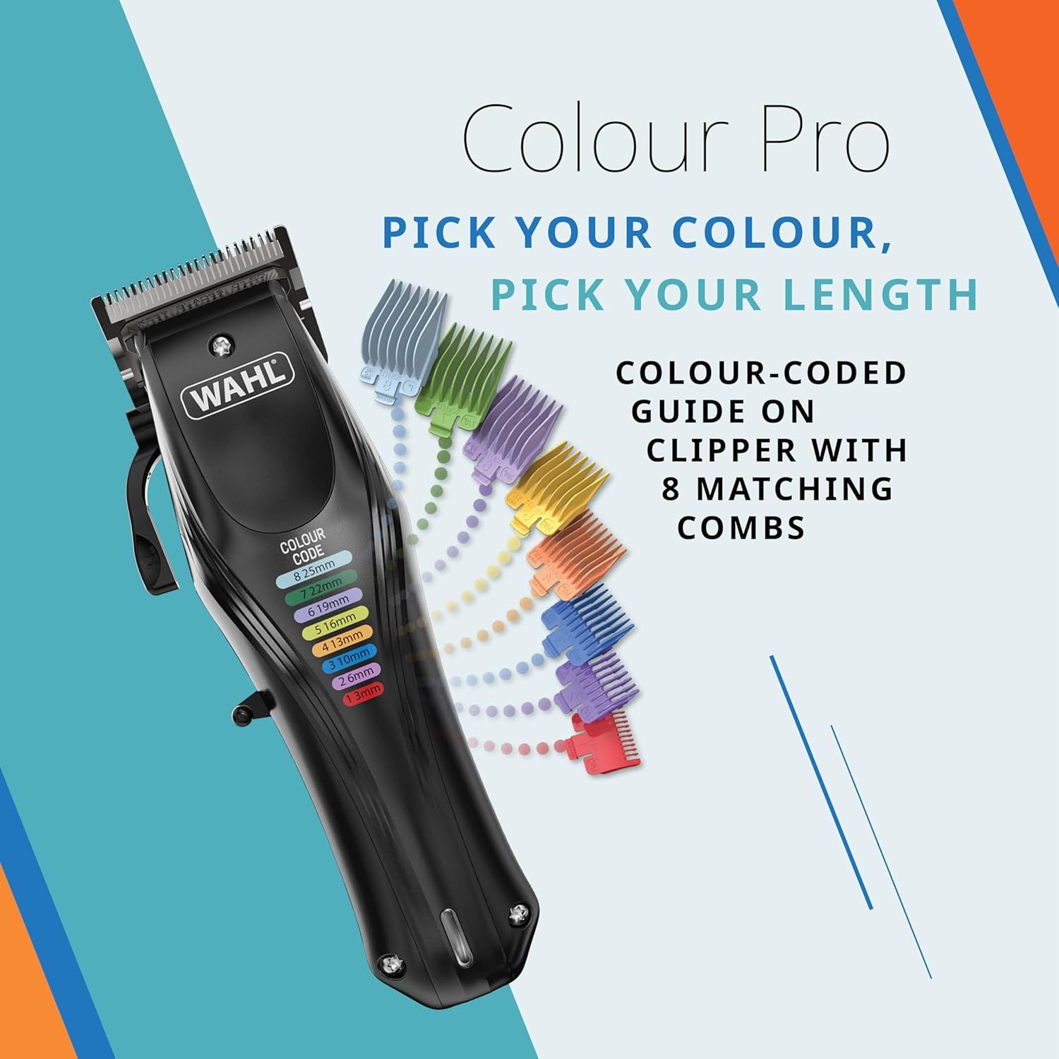 Tondeuse WAHL Color Pro sans fil avec 8 sabots couleur, infographie