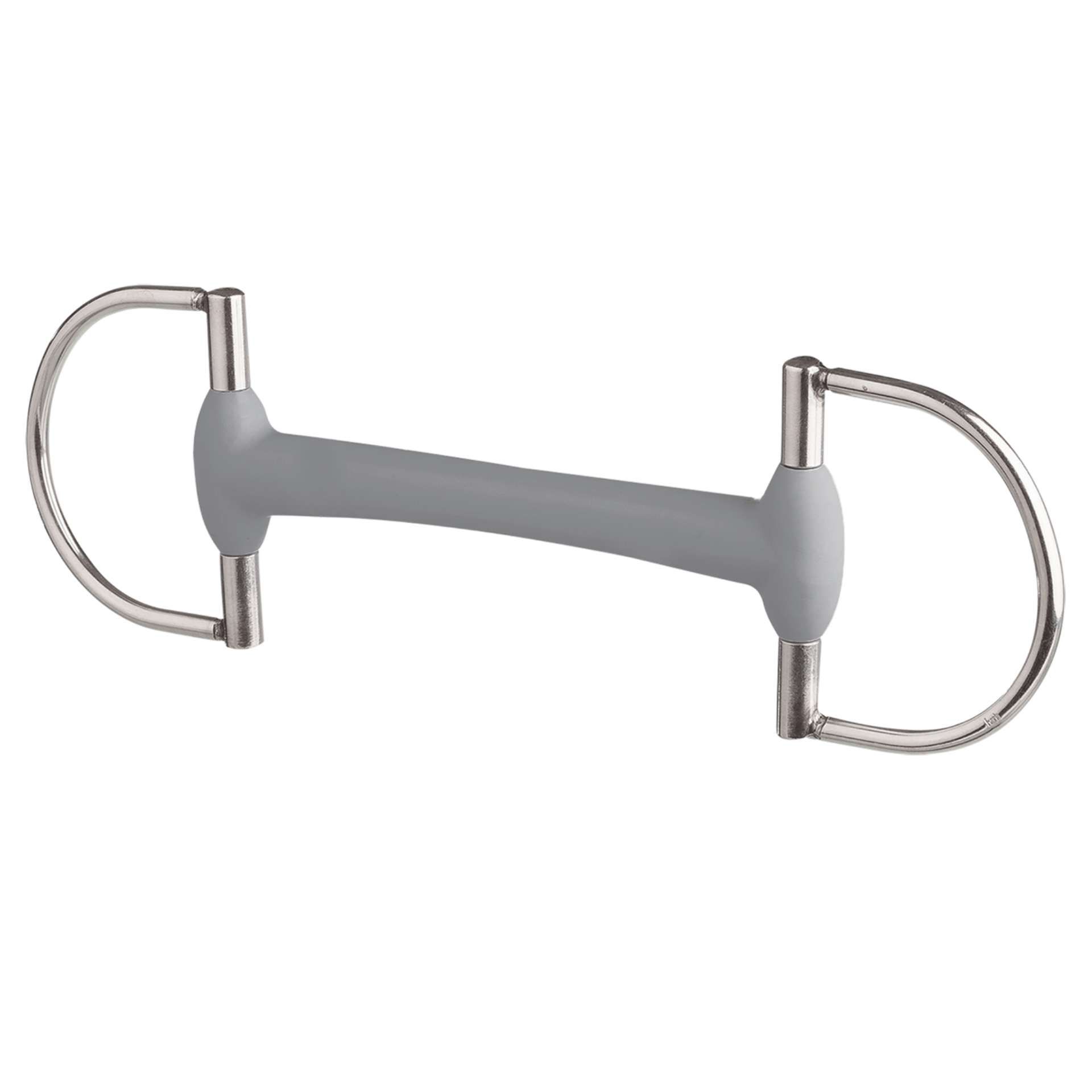 Snaffle bit with grey rubber mouthpiece and D-shaped rings