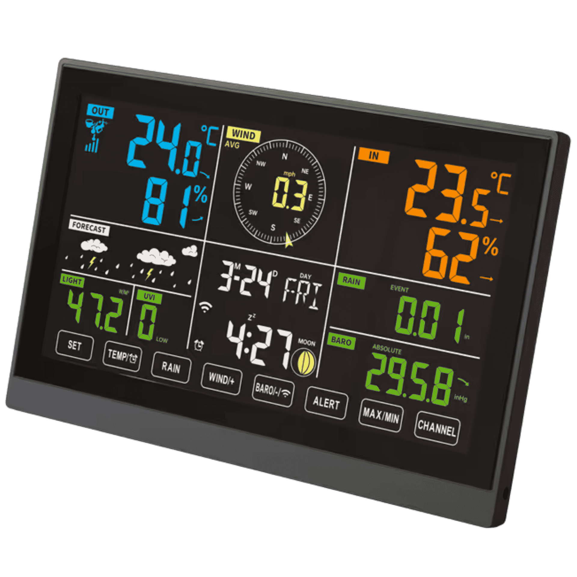 weather station, digital display, weather console, clock, anemometer