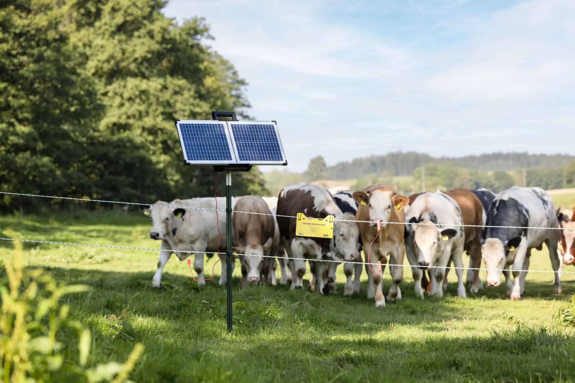 AKO SunPower S2400 Smart 12V solcellsstängselaggregat, 3,2 Joule, i användning, på hagen
