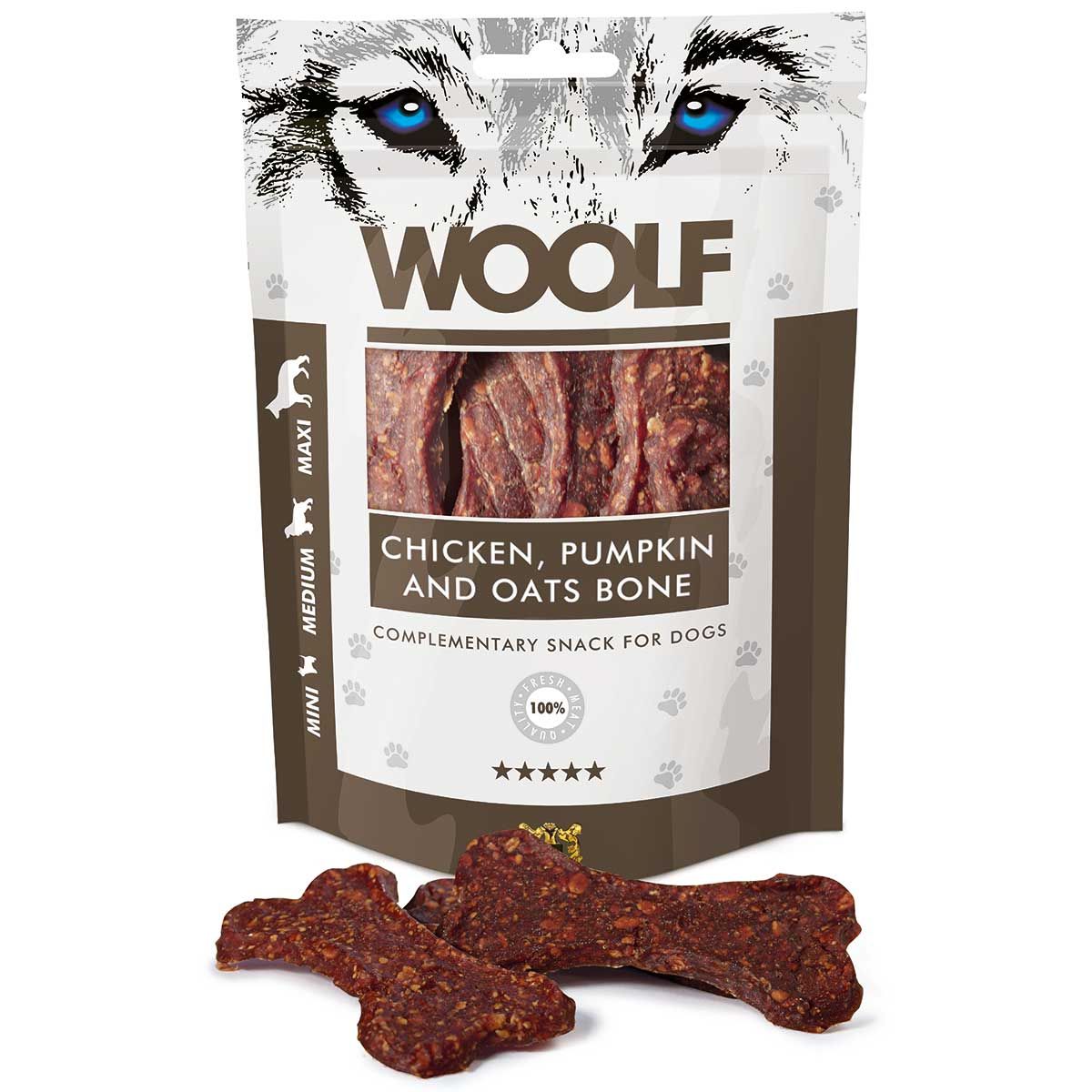 Woolf Hundeleckerli große Knochen mit Hühnchen, Kürbis & Hafer, Verpackung