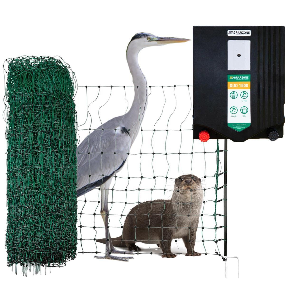 Kit clôture d'étang anti-hérons Agrarzone avec électrificateur DUO1500 12V/230V, 2J, filet 50m x 65cm, image d'illustration