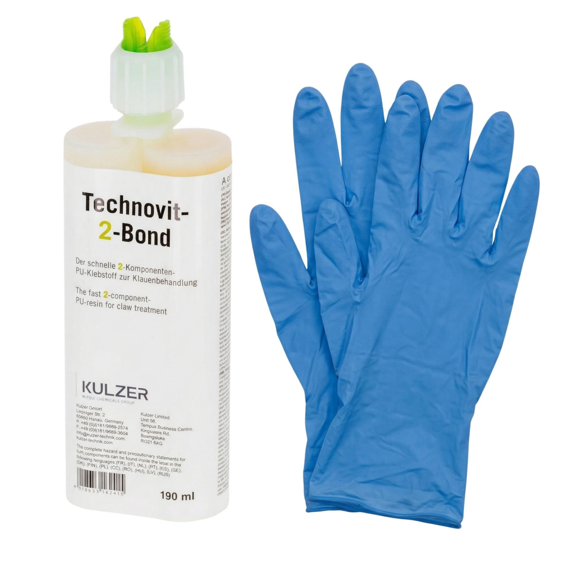 Klebstoff, Kleber, Zweikomponentenkleber, blaue Handschuhe, Flasche, kleber, zwei-komponenten, PU-harz, handschuhe, einweg-handschuh