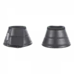 Zwei schwarze Gummi-Glocken in konischer Form, vermutlich Springglocken für Pferde