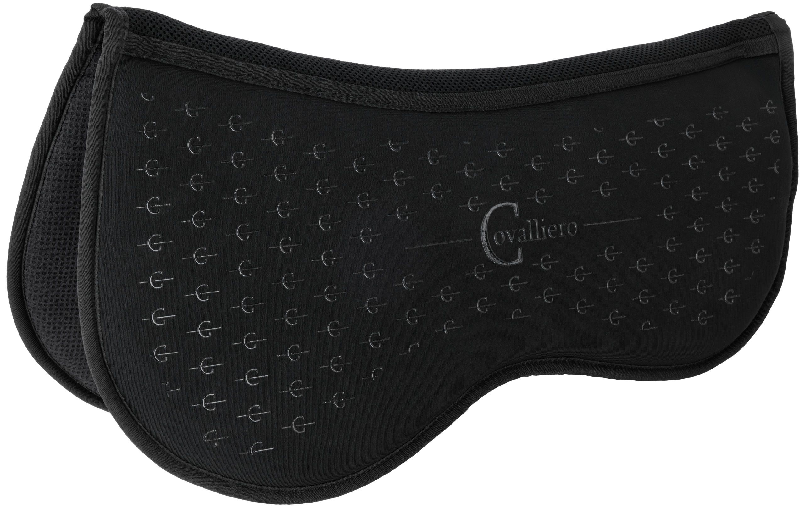 saddle pad, black, quilted pattern, girth guard?, brand not visible
