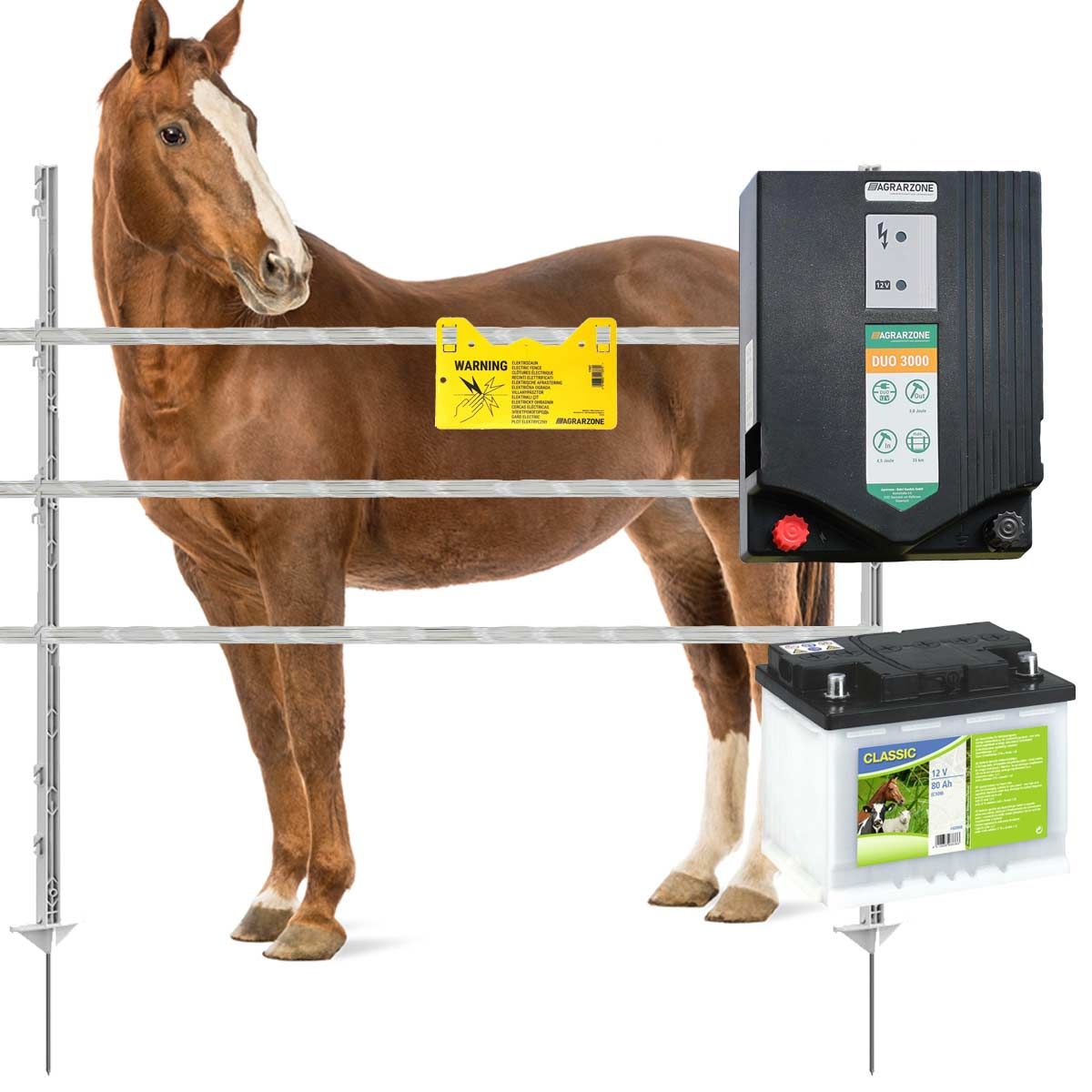 Pferdezaun Starter Set 12V / 230V mit Akku, Band 1200 m und Tor, im Einsatz