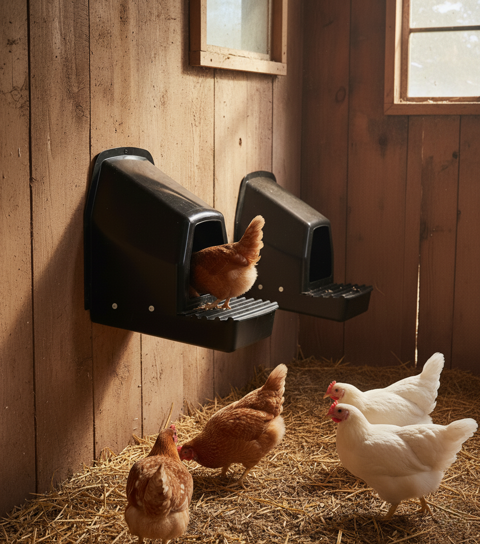 Two dark laying nests mounted on wooden wall, hens pecking in straw nearby