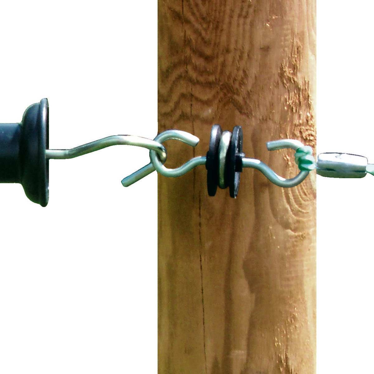 AKO Torgriffisolator 10x mit 2 Einlegehaken, 360° drehbar, im Einsatz, Isolator
