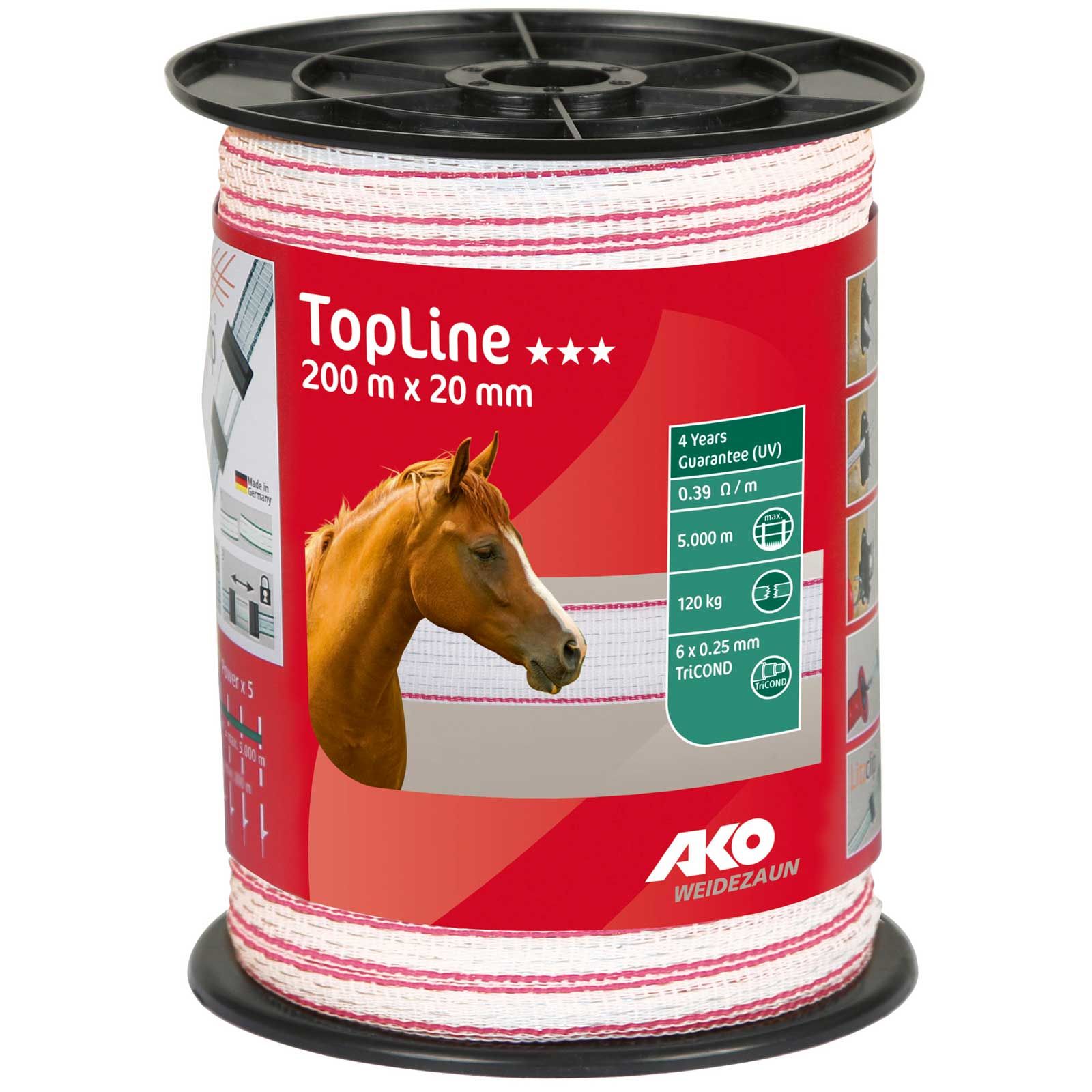 Ruban de clôture électrique AKO TopLine 200m, 20mm, 6x0.25 TriCOND, blanc / fuchsia