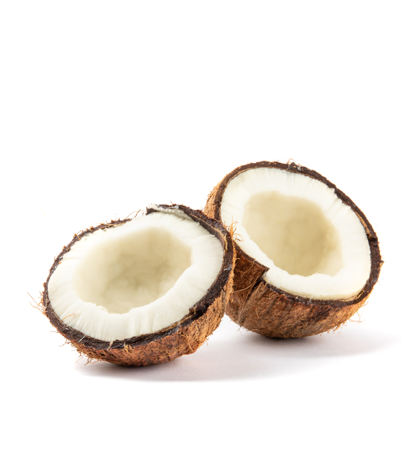 Halved coconut with white flesh and brown shell