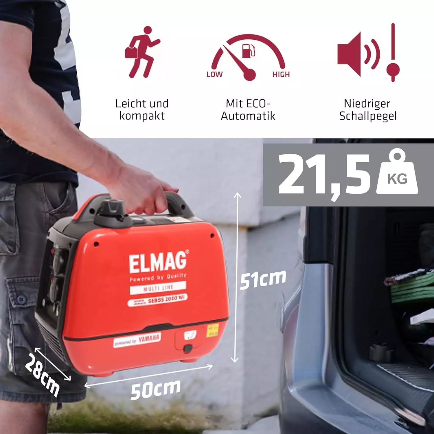 Groupe électrogène inverter Elmag SEBSS 2000Wi, en utilisation, dans la main