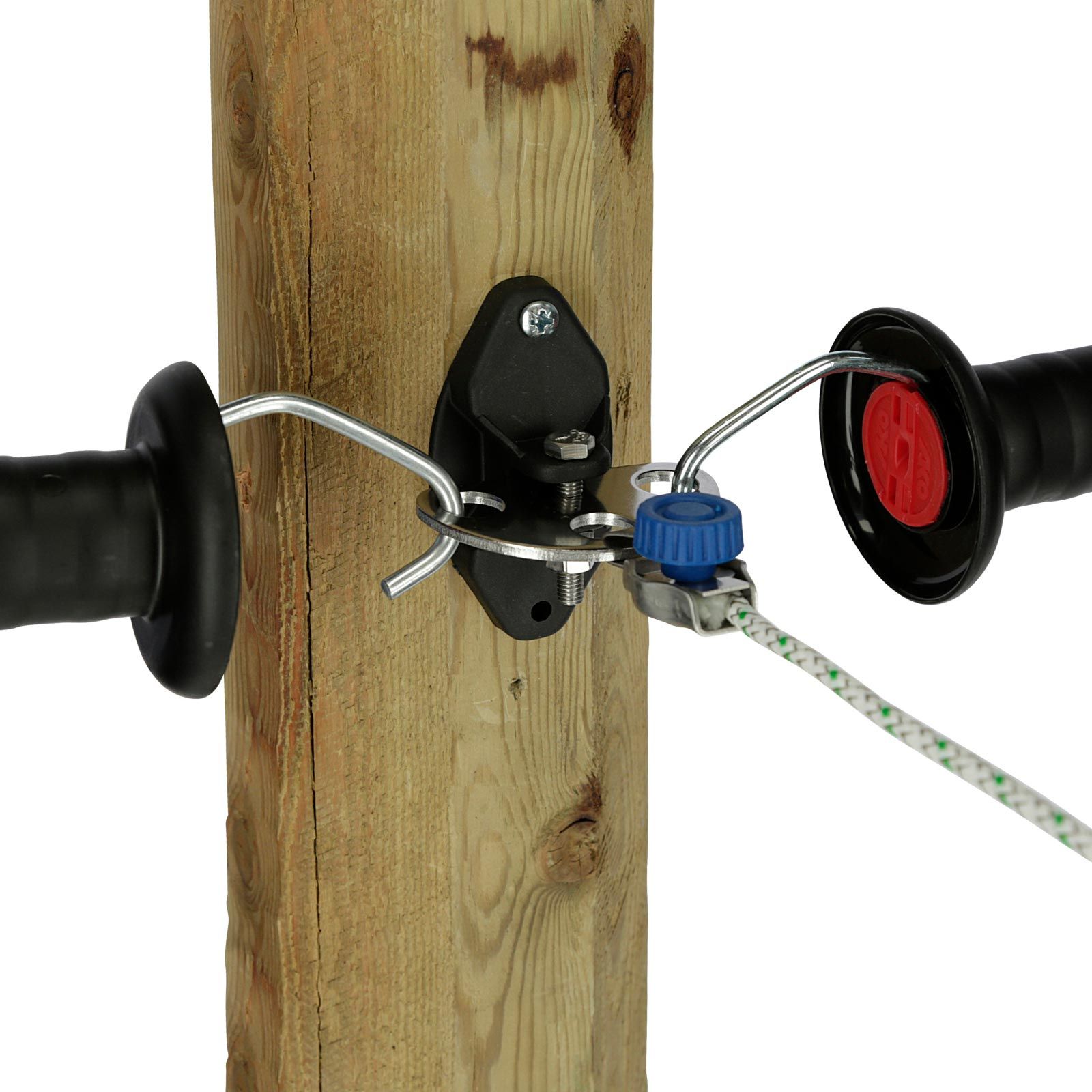AKO Premium Seil-/Litzenverbinder Weidezaun, 4er-Set Edelstahl, im Einsatz