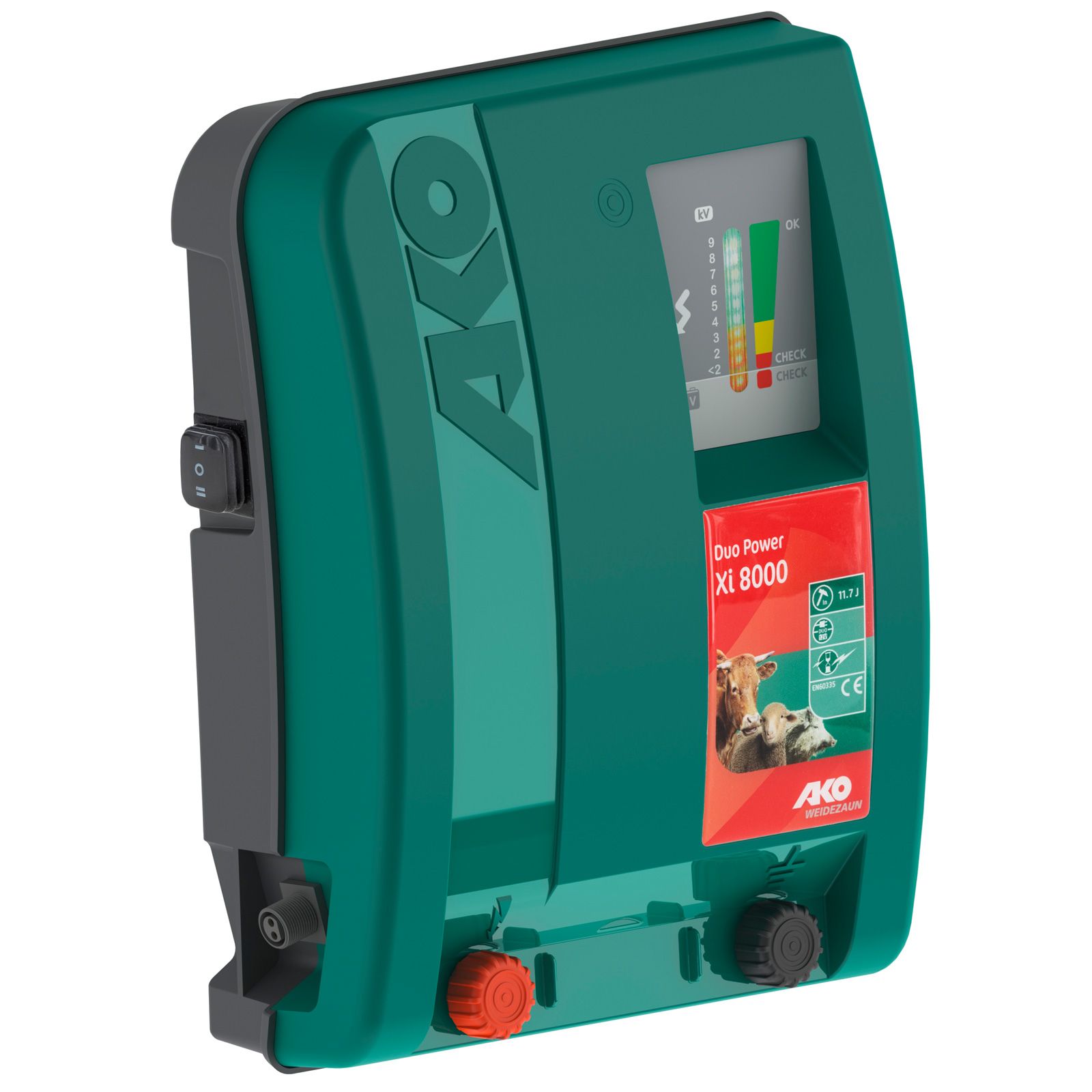 Électrificateur AKO Duo Power Xi 8000, 11,7 Joules, commandes, interrupteur