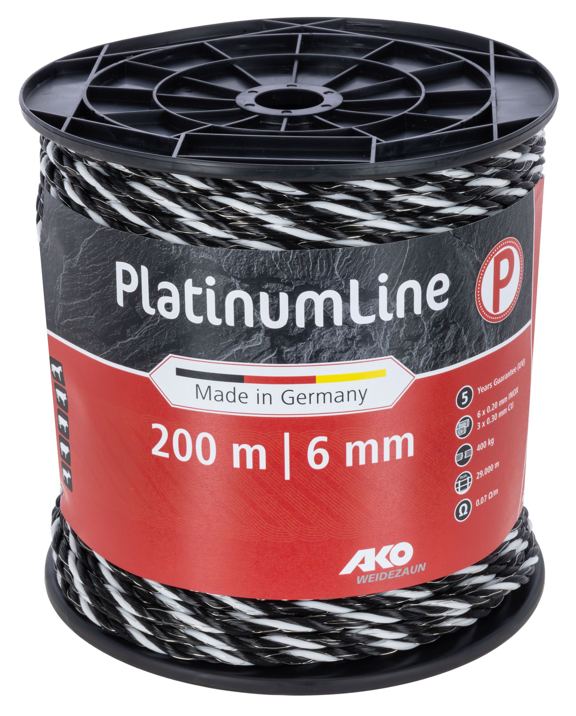 AKO PlatinumLine Elstängselrep, 200 m, svart/vit, 6 mm, förpackning