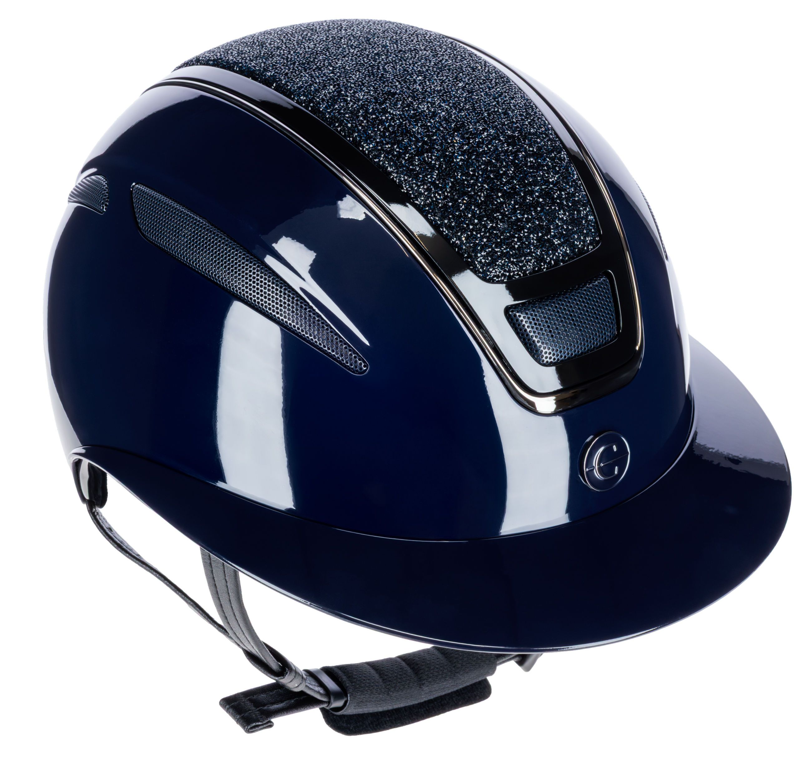 helmet, riding helmet, glossy dark blue, glitter stripe, vented vents