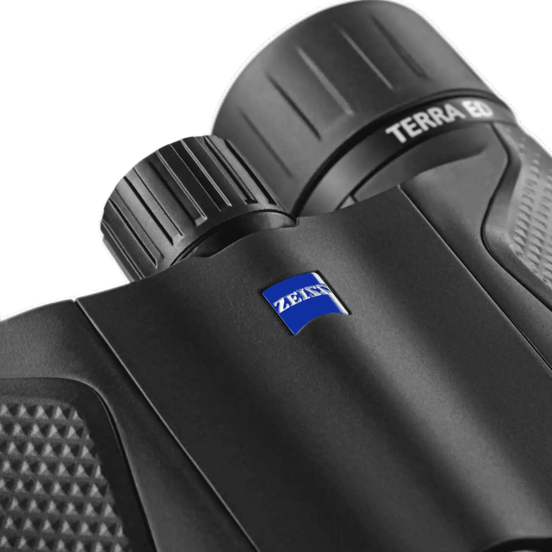 Close-up of binoculars with focus wheel, Terra ED and Zeiss logo on body