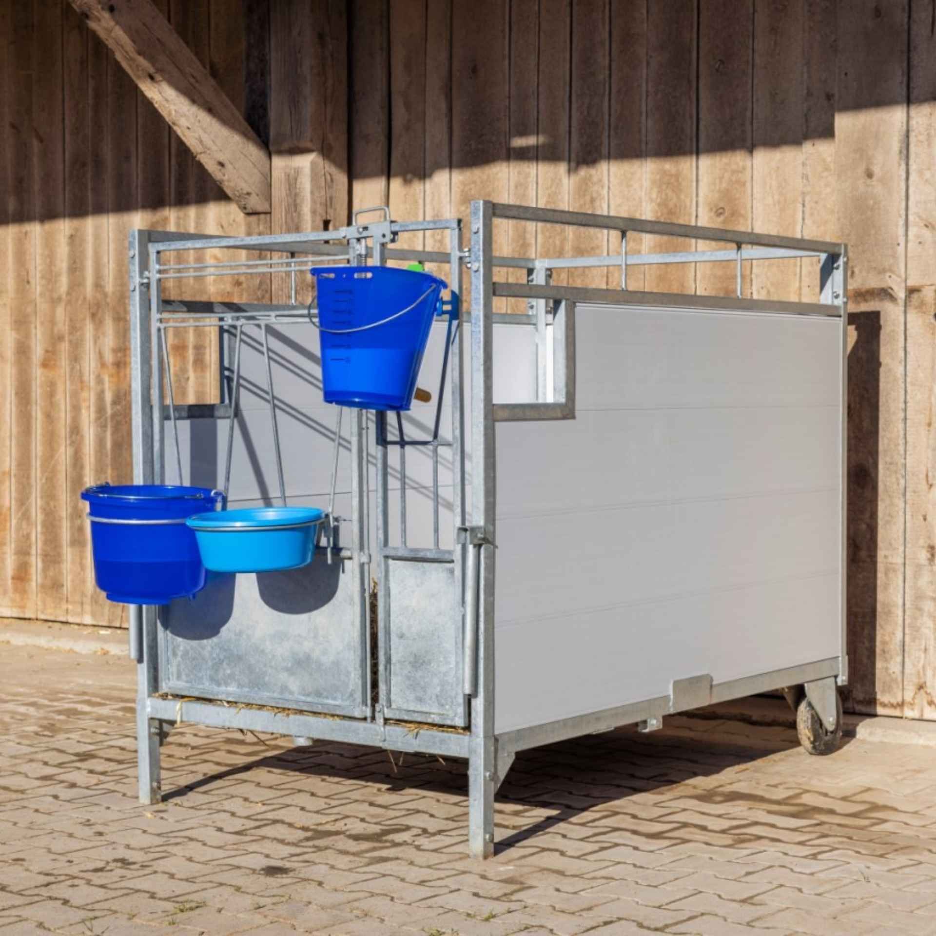 metal cart, water bucket, blue bucket, buckets, galvanized frame