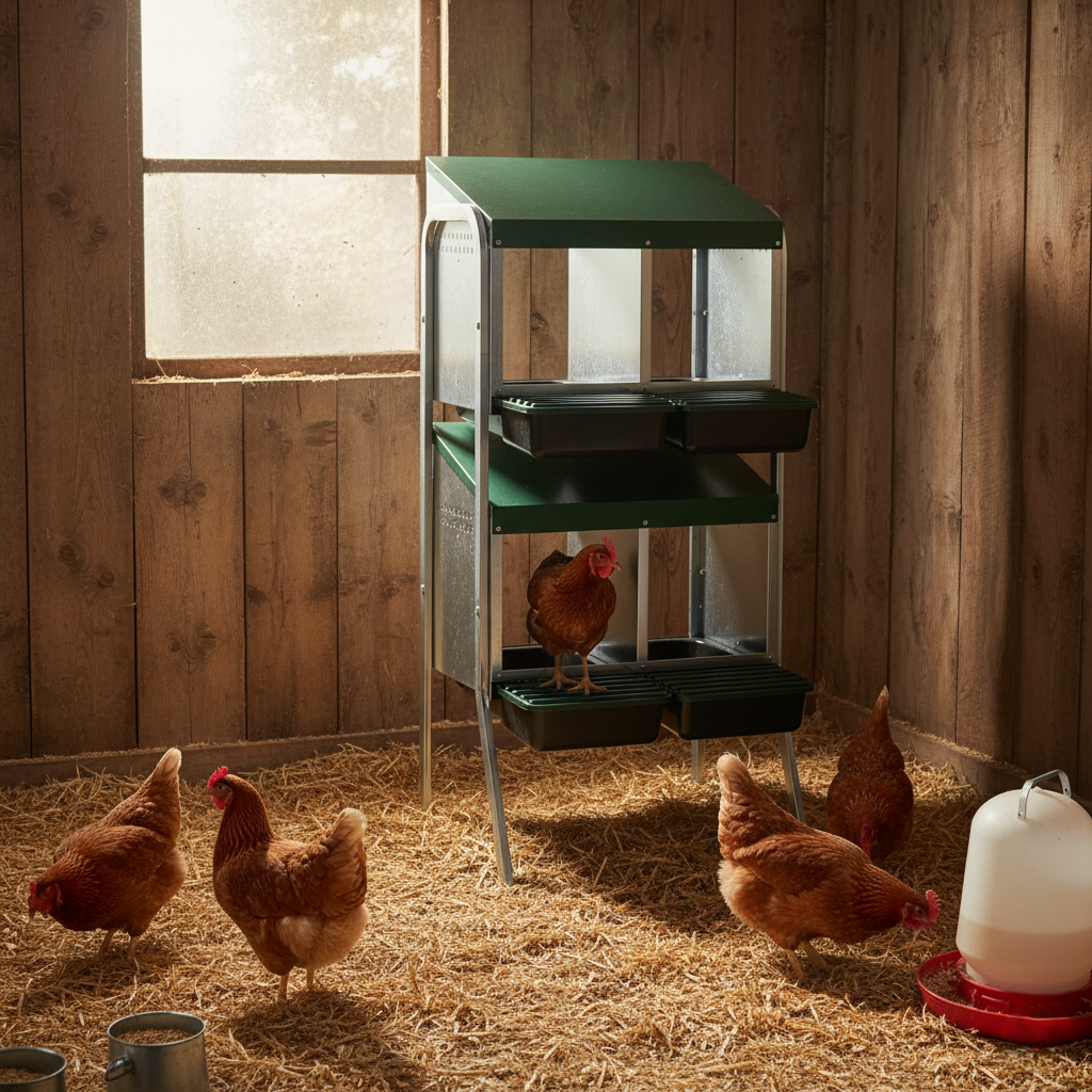 Agrarzone Nido a piani per galline con doppio piedino, in uso, in scuderia