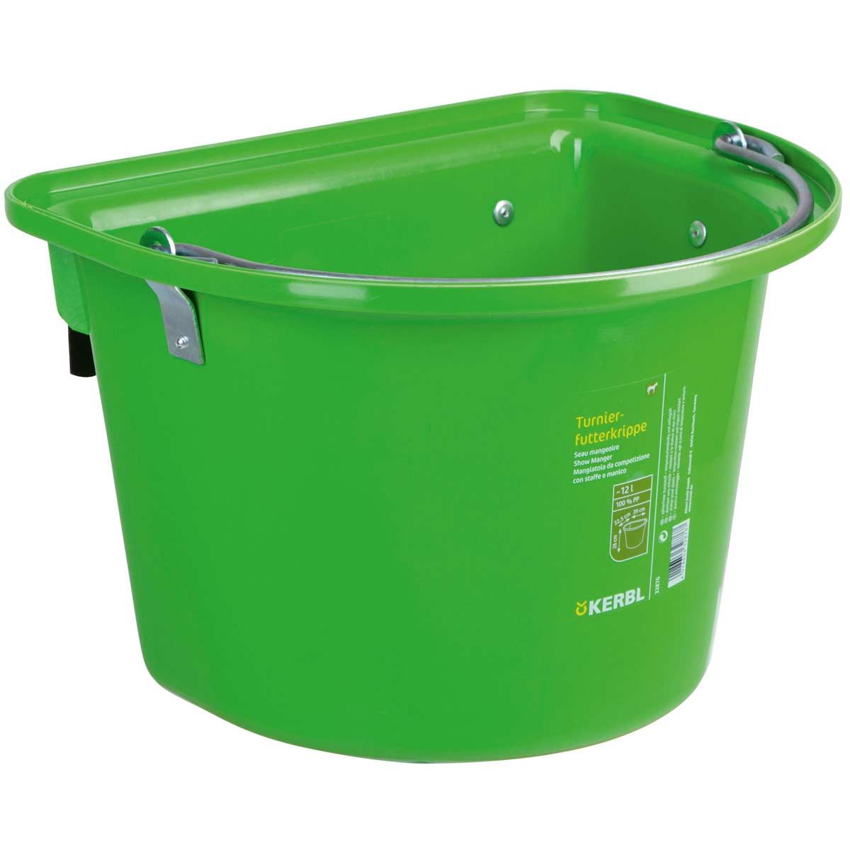 Grüner Futtertrog aus Kunststoff mit Aufhängehaken, Aufschrift Kerbl