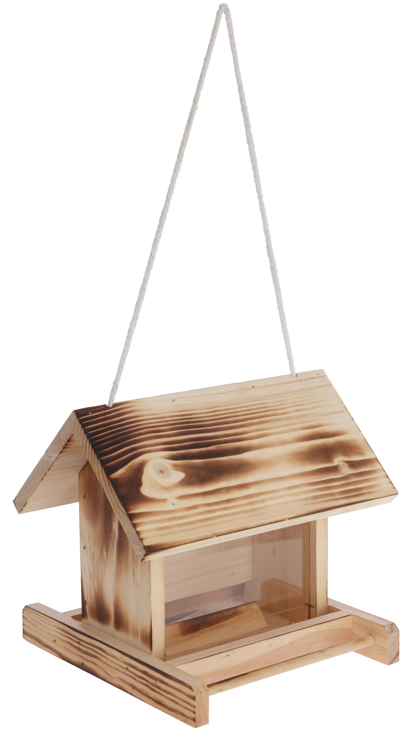 bird feeder, wooden feeder, pine wood, hanging feeder, hurricane-style?