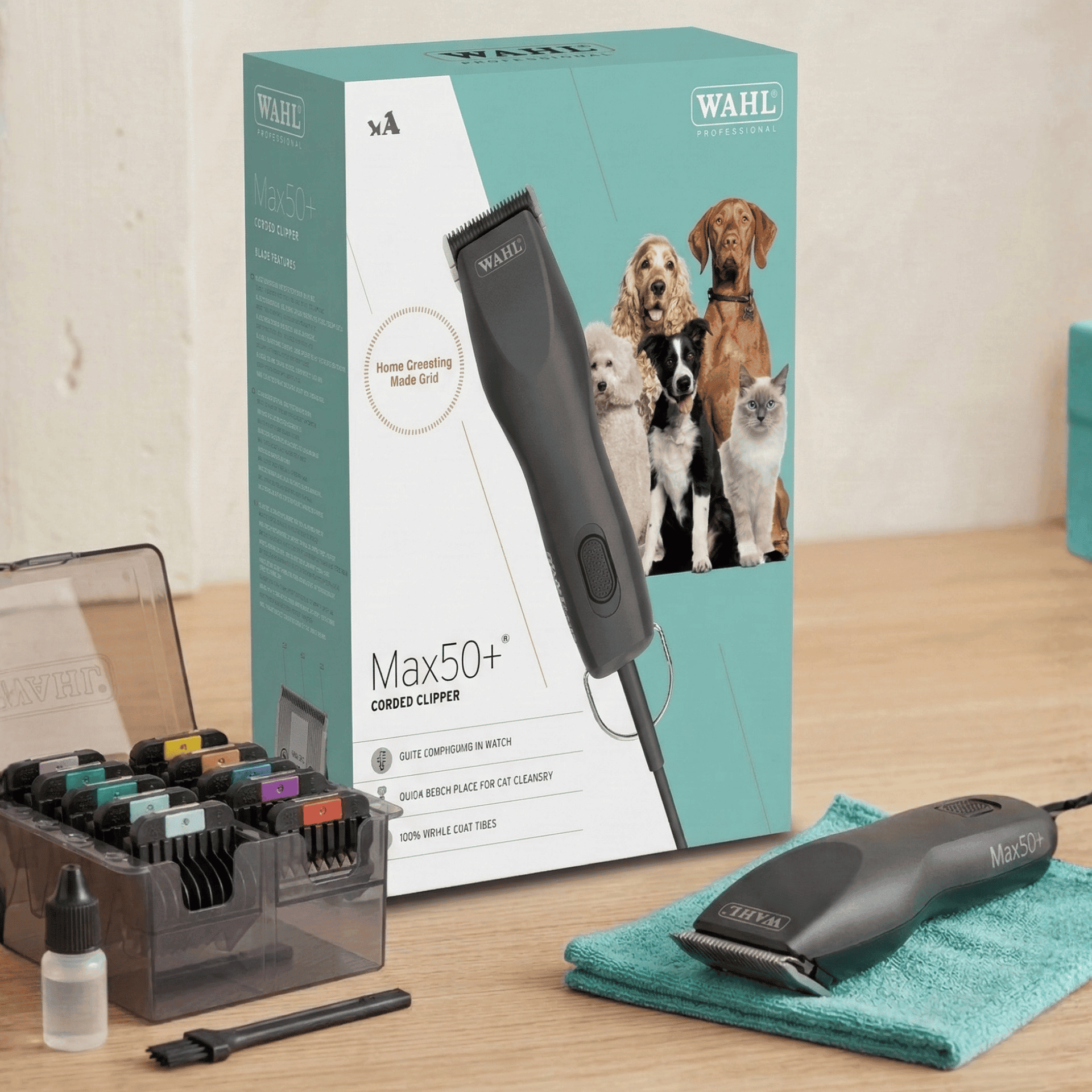 WAHL Max 50+ Klippmaskin för hund med kamtillsatsset i rostfritt stål, förpackning