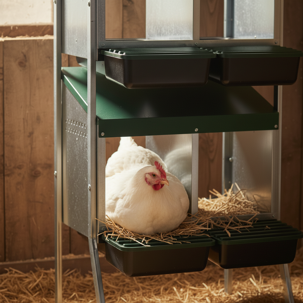 Agrarzone Stacked Nesting Box for Chickens with Double Stand, detail view, in the stable