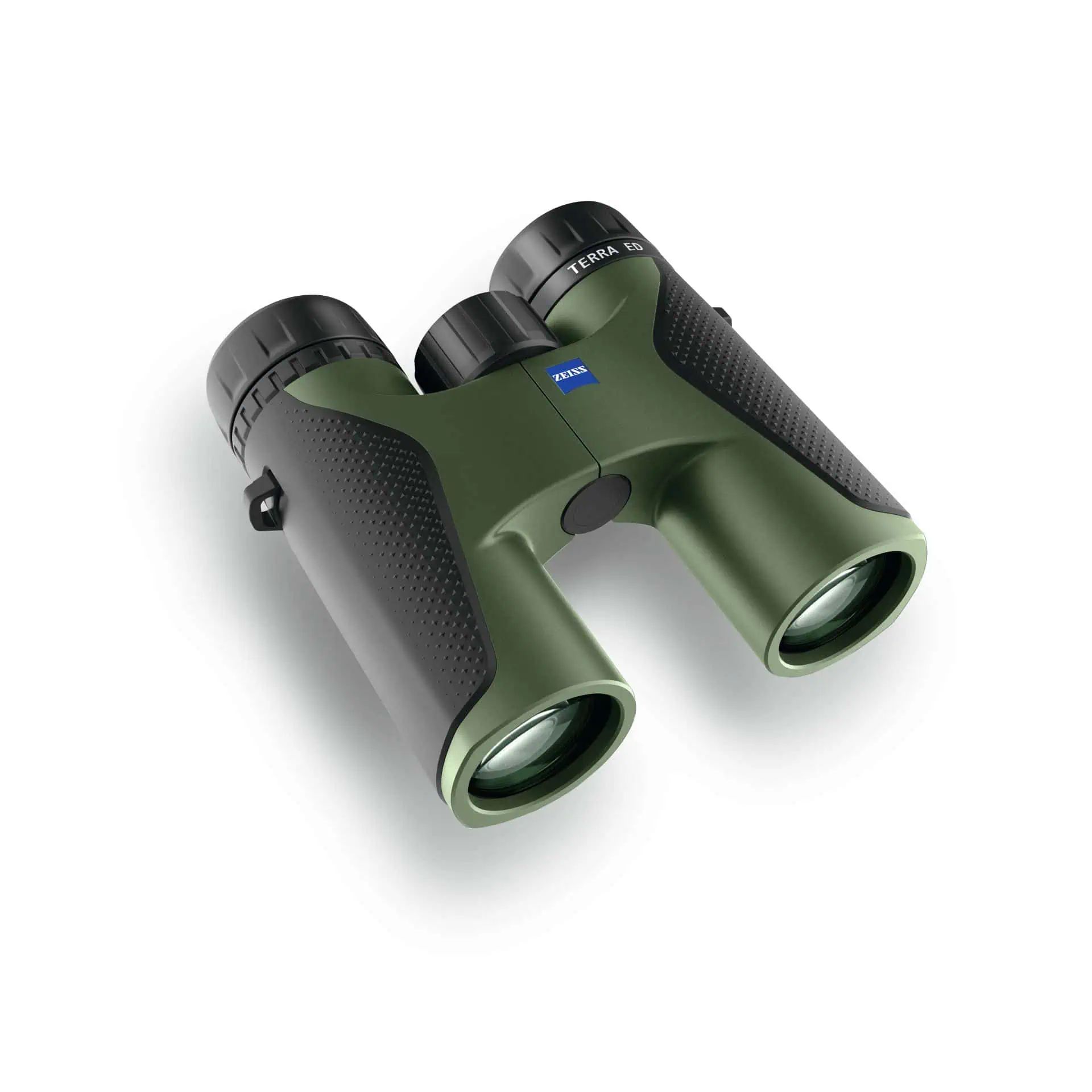 Green Zeiss Terra ED binoculars from above at an angle, both eyepieces visible