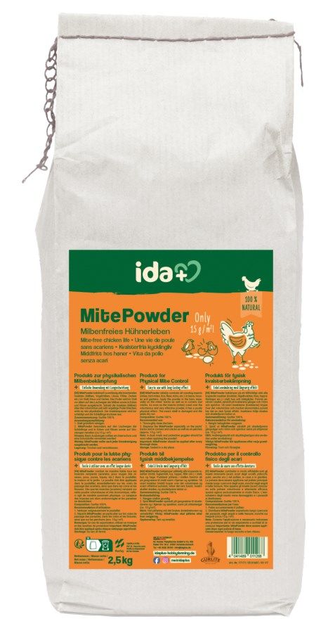 Poudre anti-acariens IdaPlus MitePowder pour poules 2,5 kg, emballage
