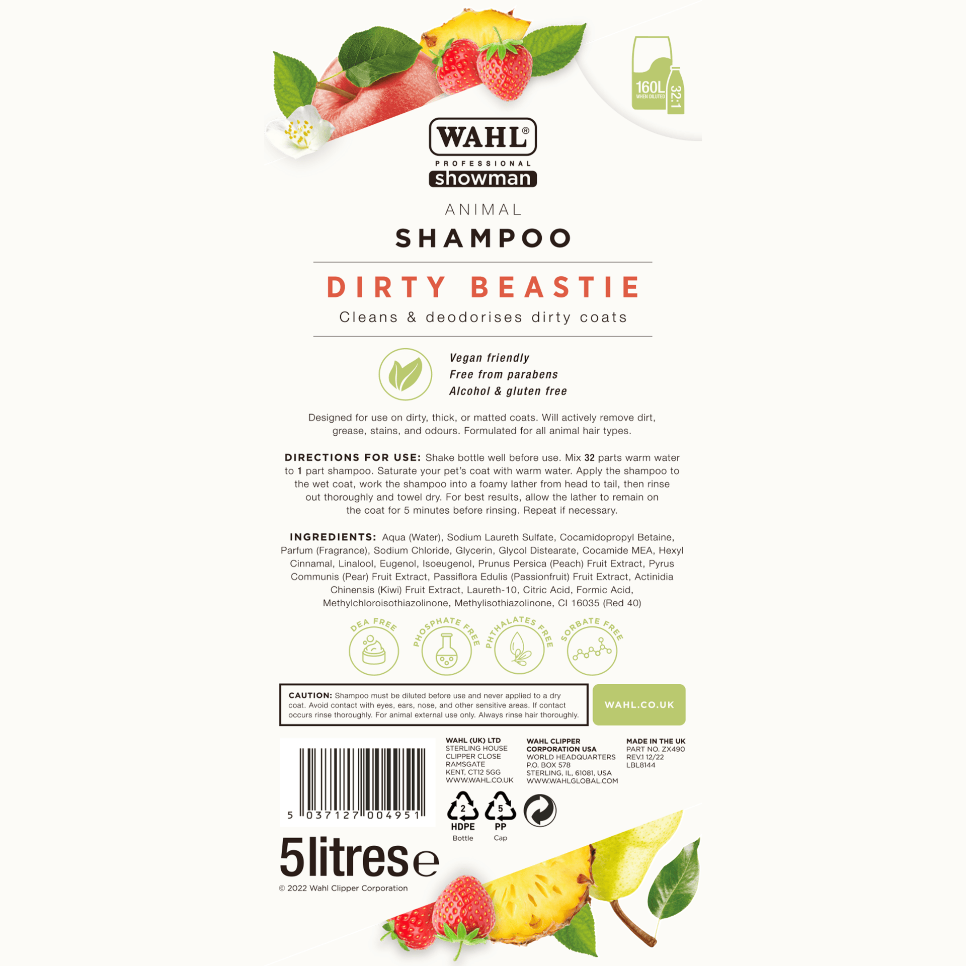 Etichetta shampoo per animali Dirty Beastie di Wahl Showman, 5 litri, con disegni di frutta