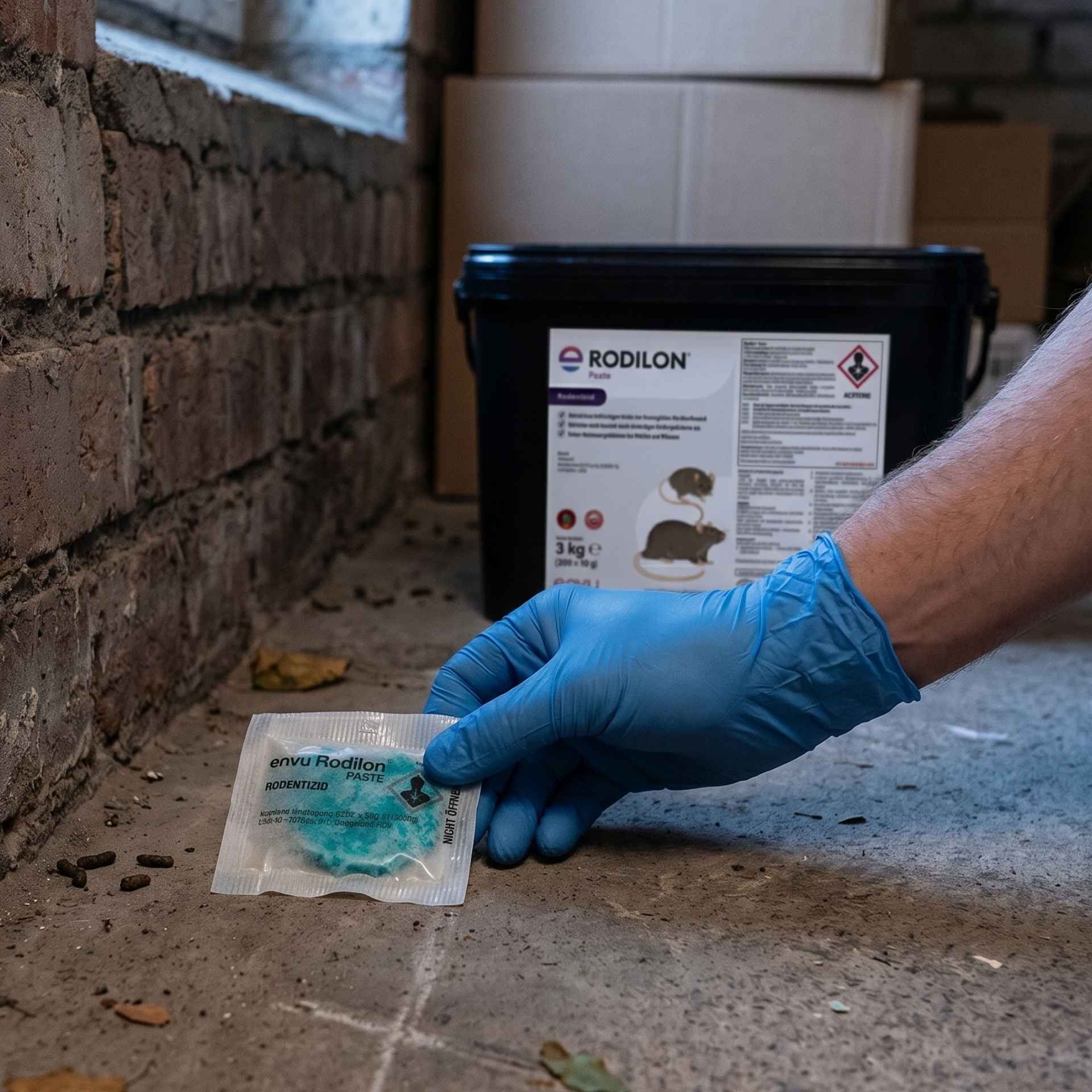 Rodentizid, Paste, Handschuh, Beutel, Verpackung