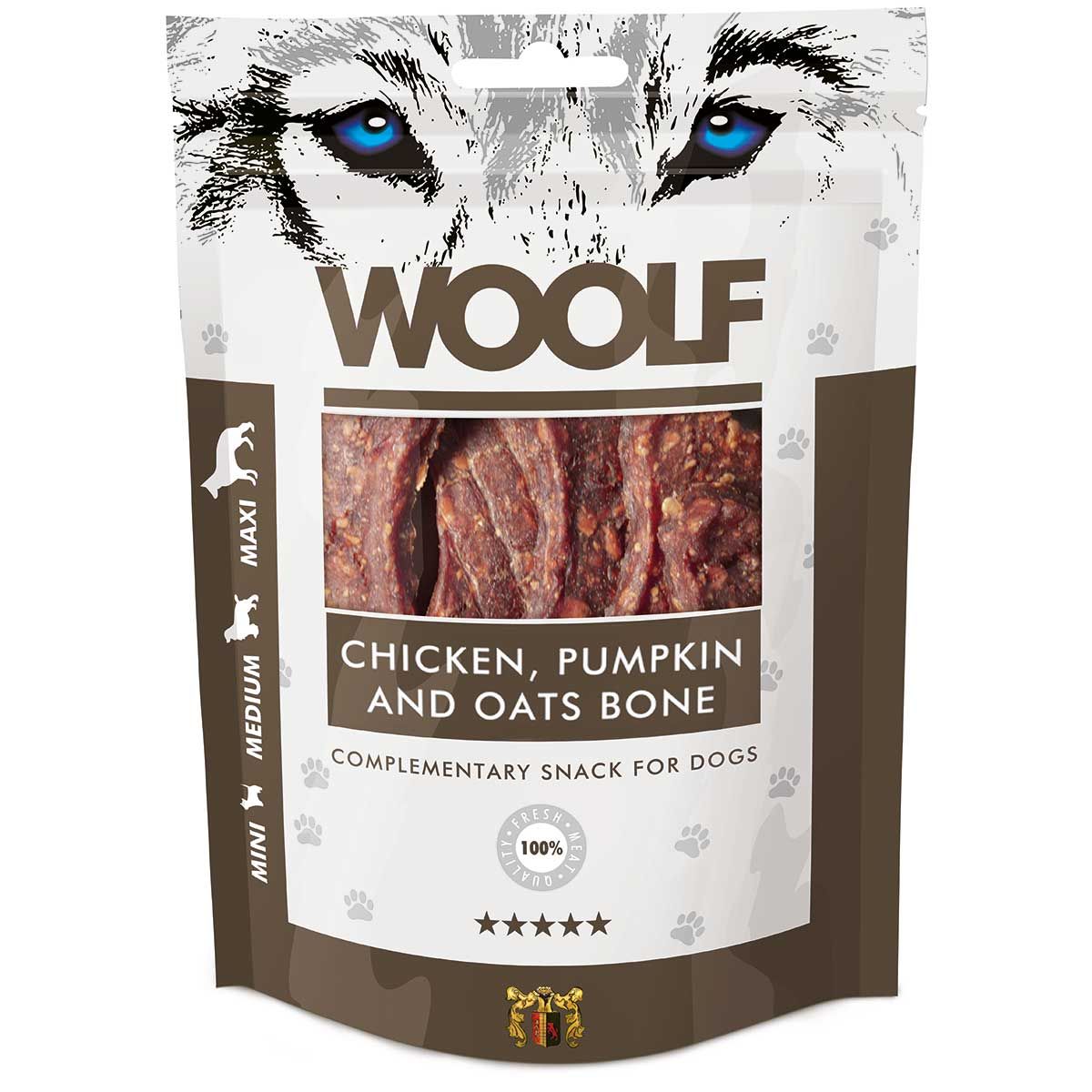 Woolf Hundeleckerli große Knochen mit Hühnchen, Kürbis & Hafer, Verpackung