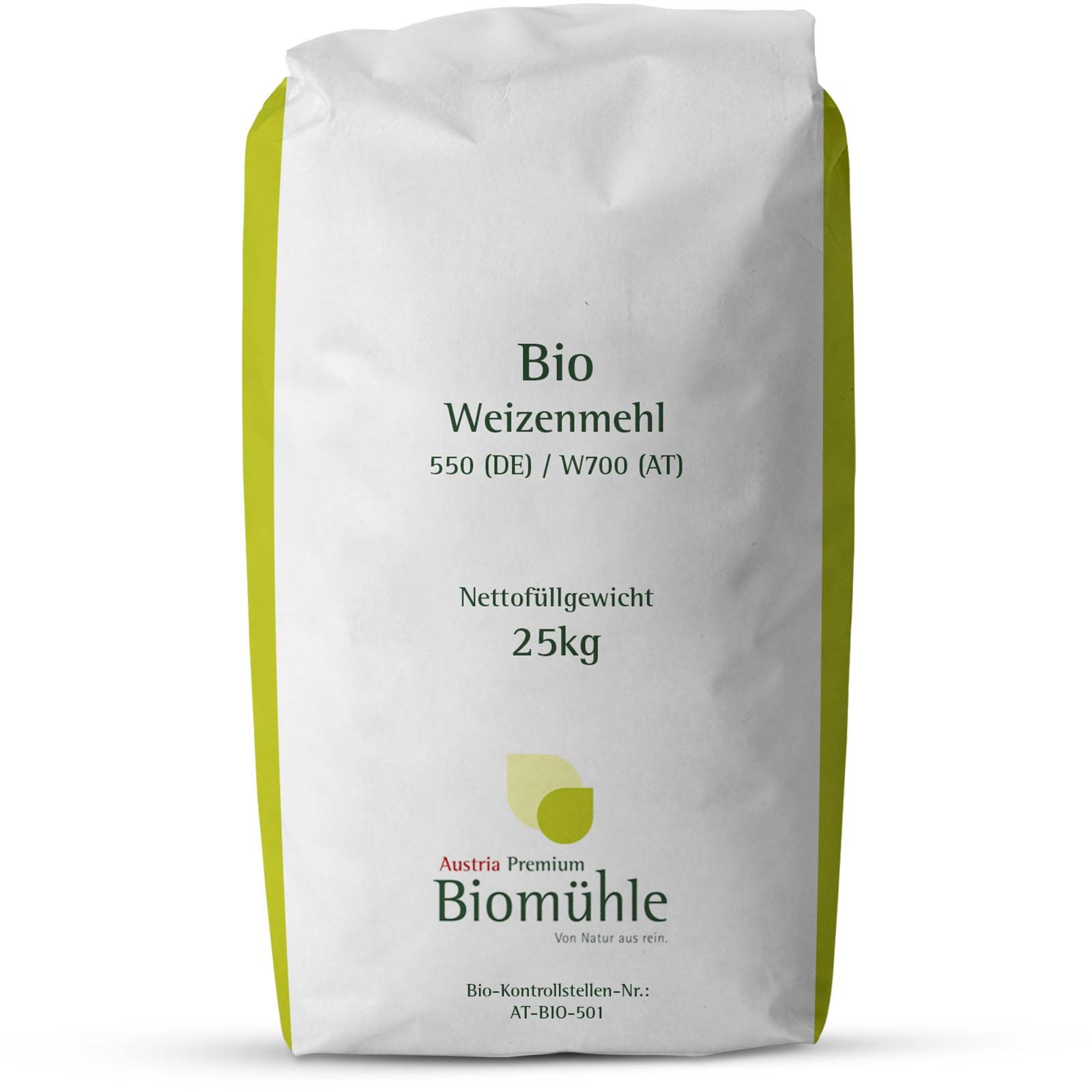 Sac papier blanc à rayure verte, farine de blé bio, 25kg net