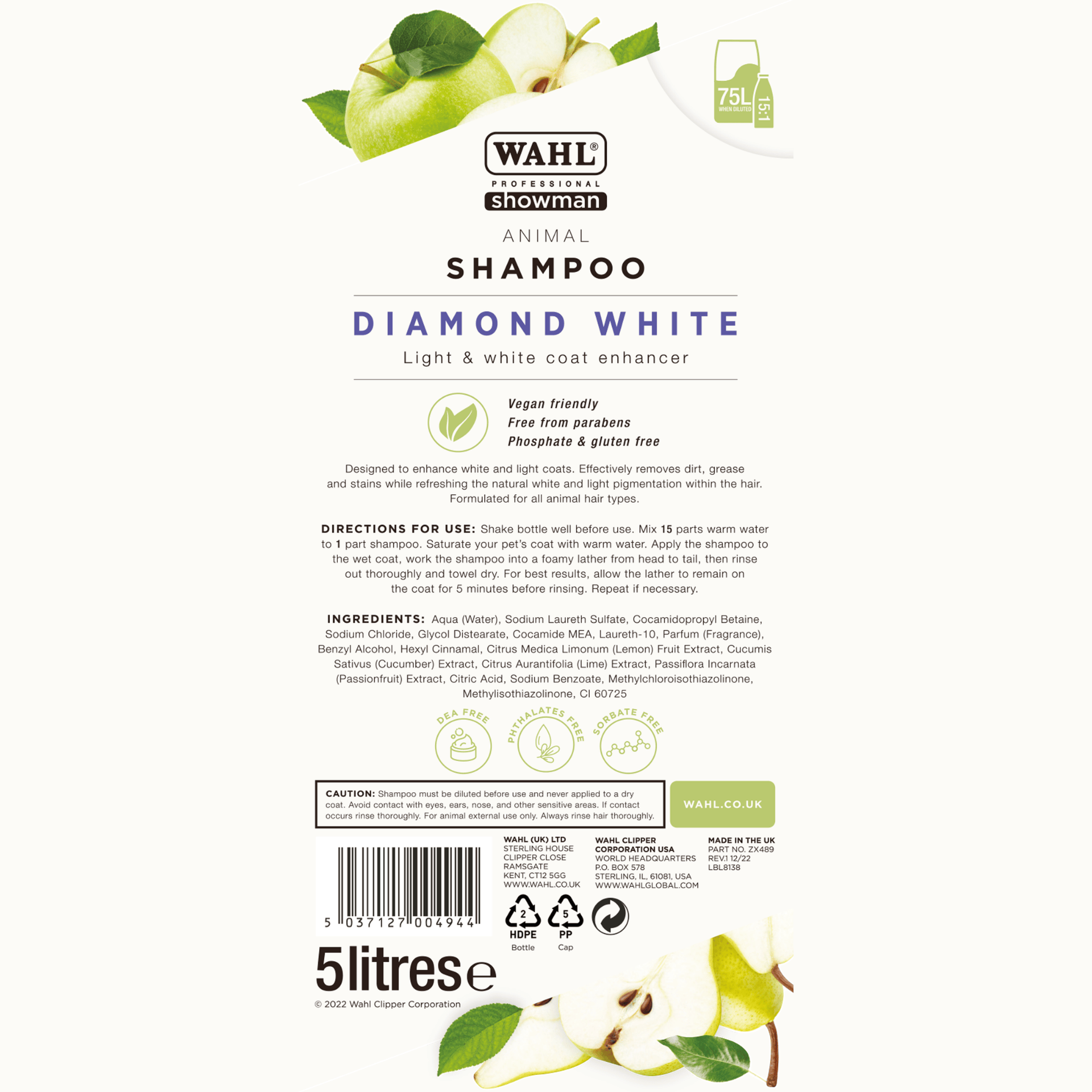 Wahl Diamond White Shampoo concentrato per pelo bianco & chiaro, etichetta