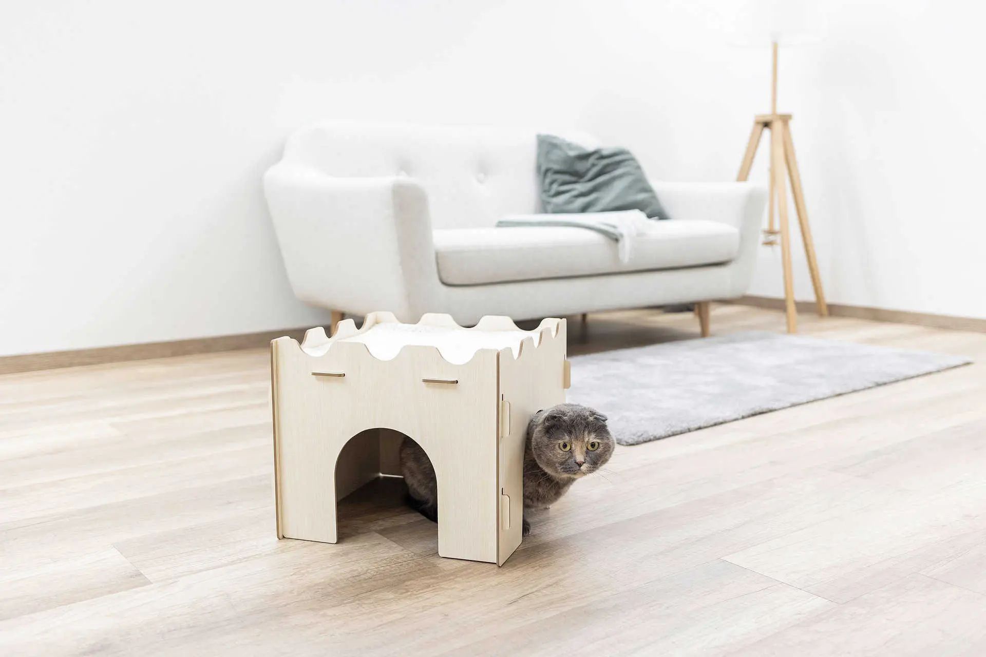 Cușcă pentru pisici Kerbl cu pernă, căsuță din lemn 37x37x30 cm, în utilizare, în interior