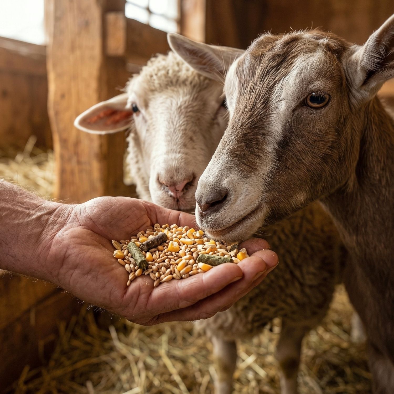 Un mouton et une chèvre côte à côte dans l'étable