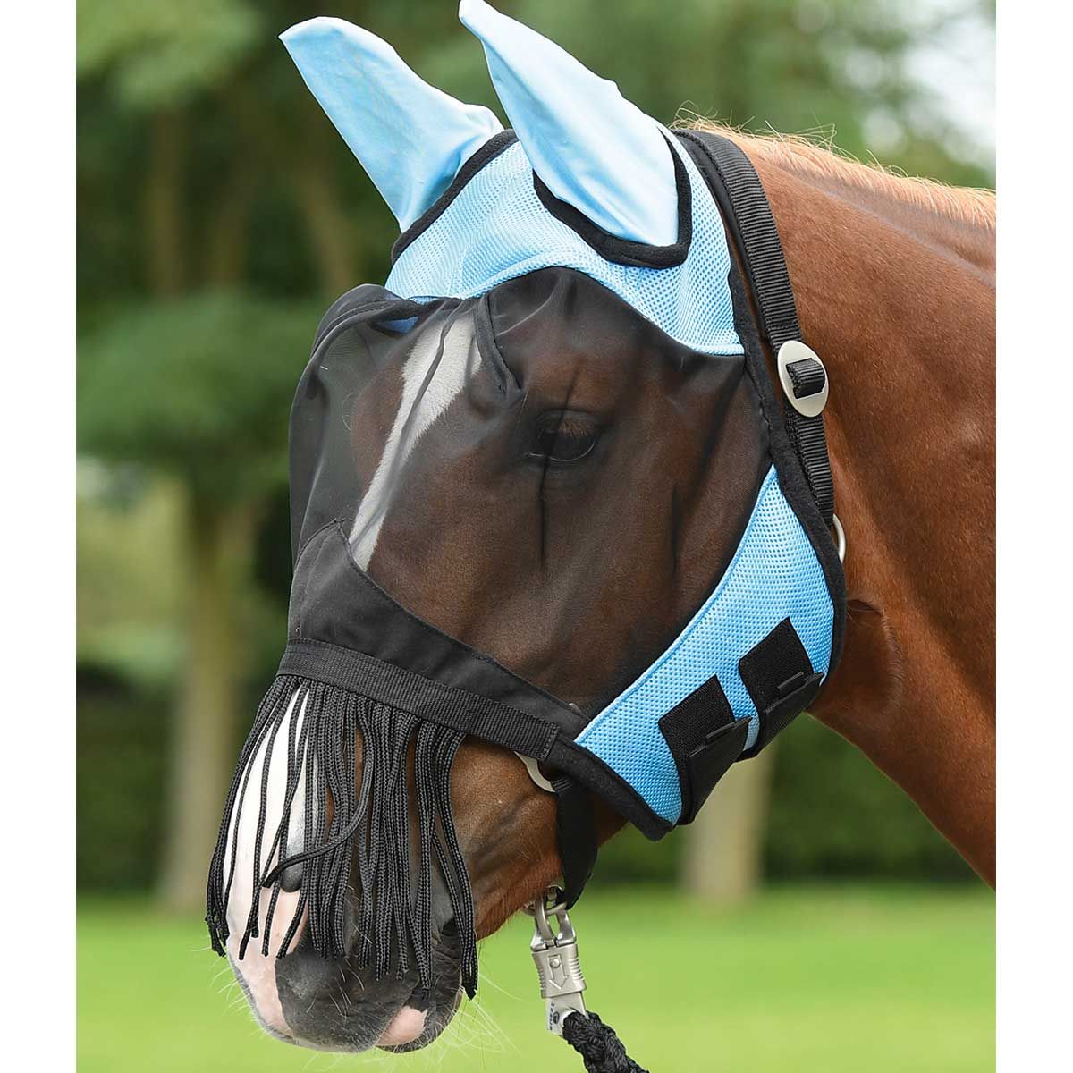 BUSSE Fliegenmaske Fly Cover Fransen, Nüsternschutz für Pferde, hellblau/schwarz Shetty
