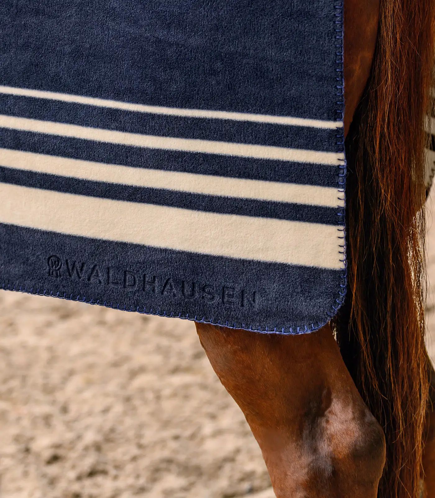 pferdedecke, marineblau, gestreift, erhabenes logo, wollfilz