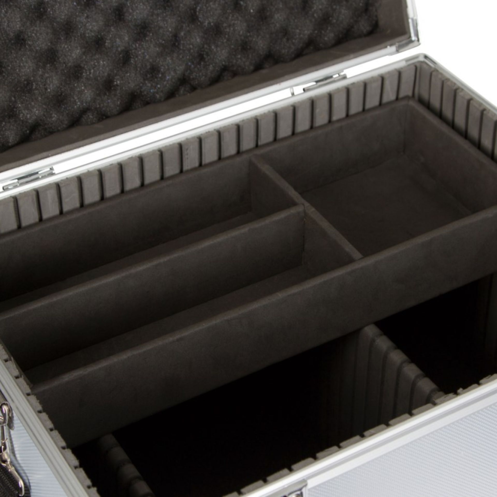 storage case, foam lining, divided compartments, hard shell, black interior