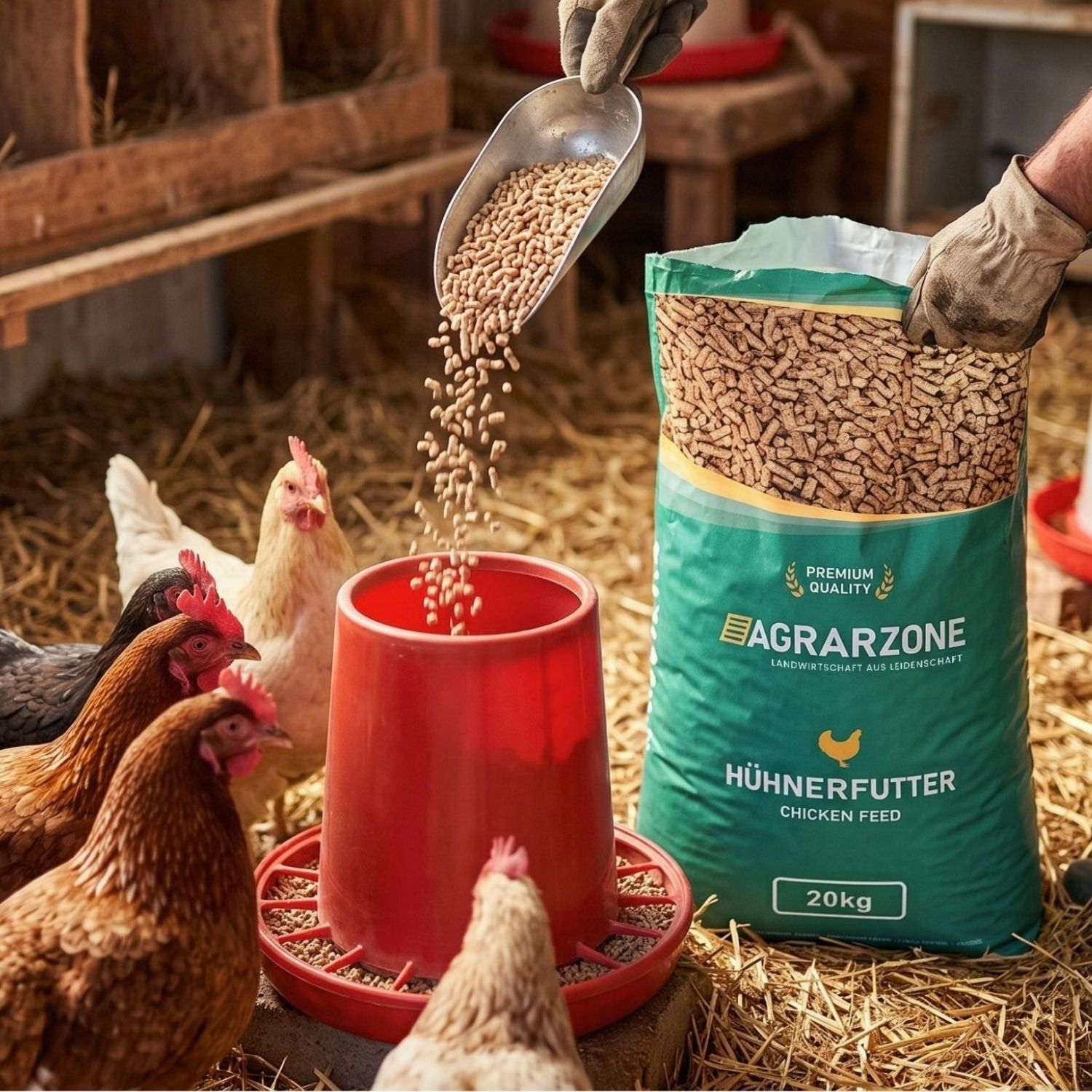 Agrarzone Hühnerfutter Pellets werden im Stall in den Futterautomaten gefüllt, Hühnerfutter, Pellets, 20kg, Getreidefutter, Huhnennahrung