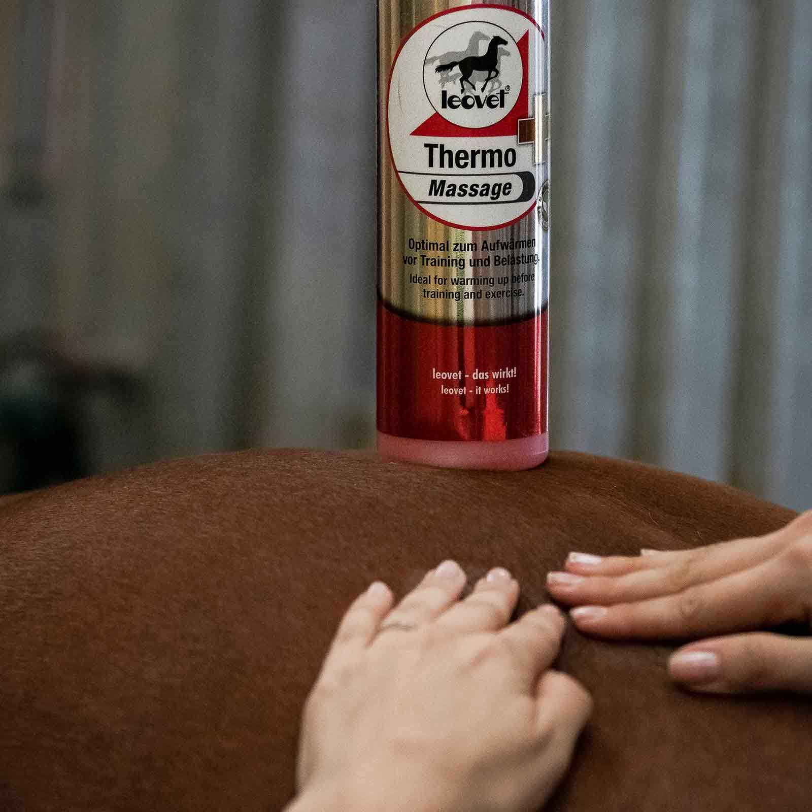 Leovet Gel Thermo-Massage pour Chevaux, chauffant et stimulant, 500 ml, en utilisation