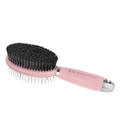 Doppelseitige Bürste mit rosa Griff, eine Seite Borsten, andere Seite Metallstifte