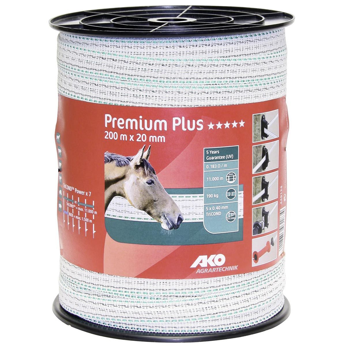Ako Weidezaunband Premium Plus 200m, 40 mm, 0.40 TriCOND, weiß-grün